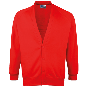 Coloursure Cardigan in red with 4 self-coloured buttons, knitted cuff and welt and herringbone taped neck