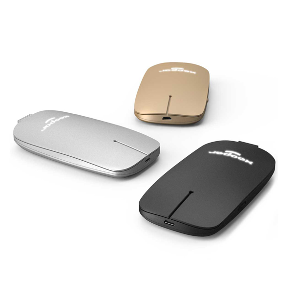 metallic finish wireless computer mice with company logo engraved into the body