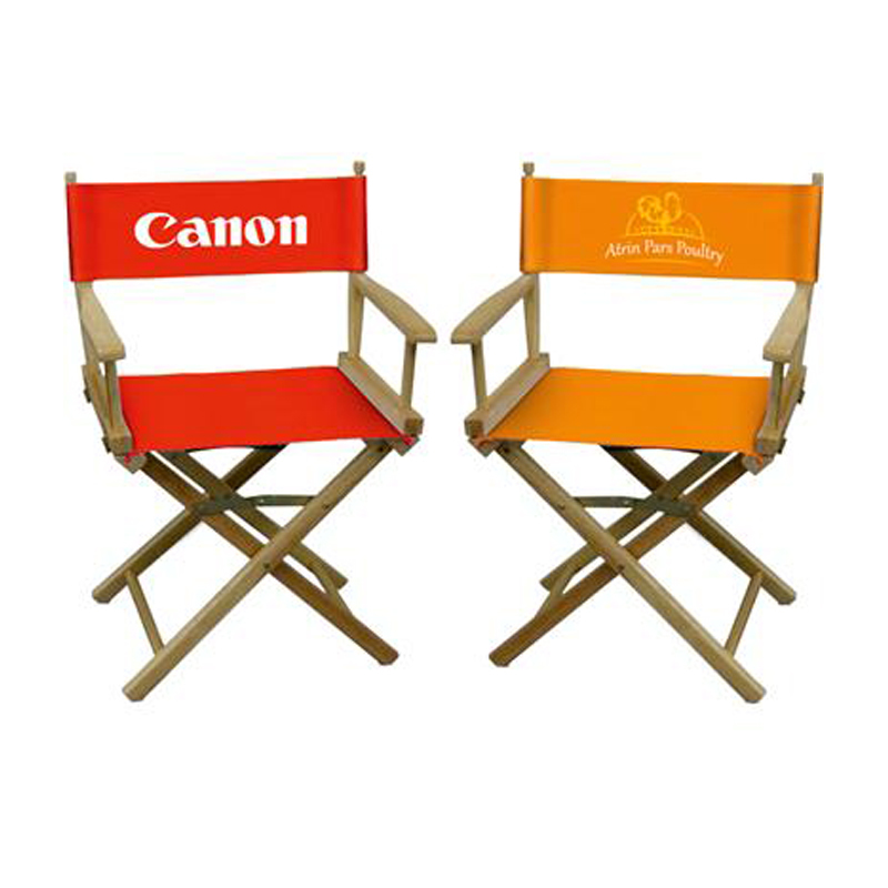 red and orange directors chair with corporate branding