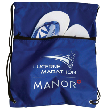 Drawstring Zip Bag in blue with black zip and string with 2 colour logo