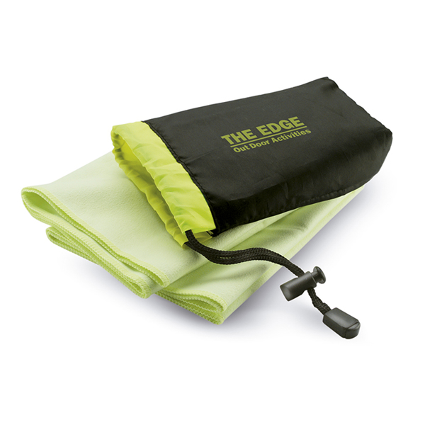 lime green  dry towel and pouch with 1 colour branding