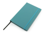 A5 notebook with a soft ELeather cover in teal with colour match elastic closure strap and black ribbon