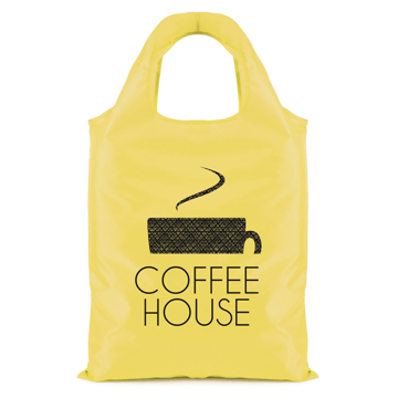 Yellow rounded handle shopping bag with a company logo printed on the front