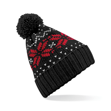 Fair Isle Snowstar Beanie in black with bobble and white and red colour pattern