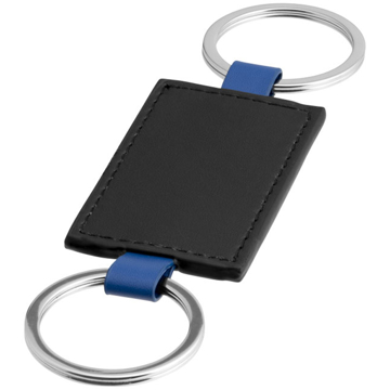 black leather look rectangle with a keyring loop to both short sides and blue loops