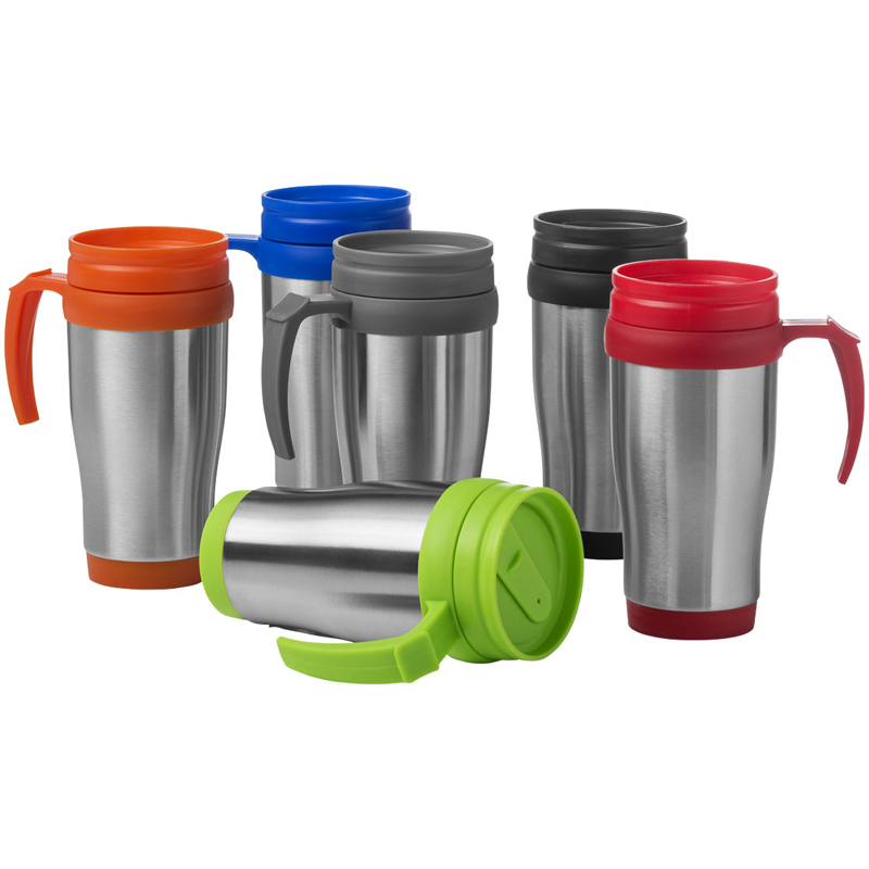 a collection of travel mug with coloured handles and lids