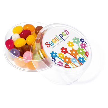 Jelly Bean sweets in a large pot with personalised branded lid