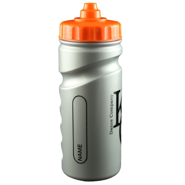 silver finger grip sports bottle with orange lid ane 1 colour spot print