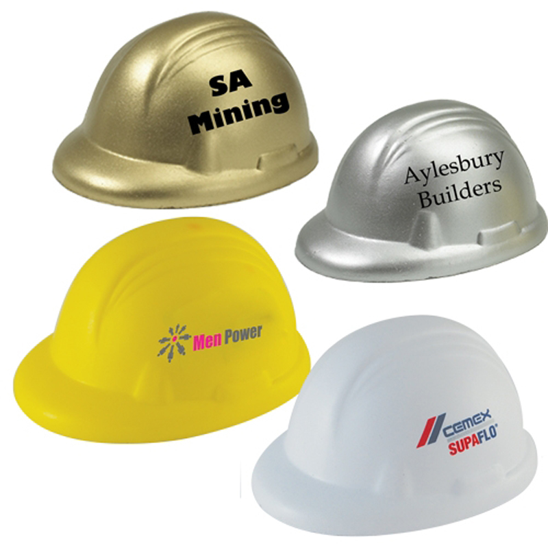 Stress toys in the shape of a builders hard hat