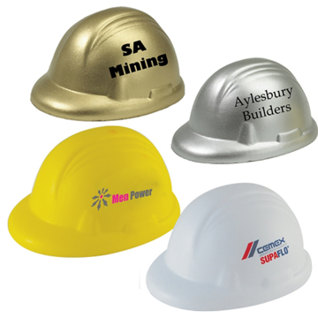 Stress toys in the shape of a builders hard hat