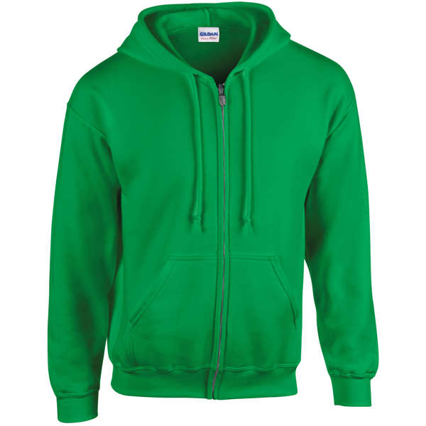 Heavy Blend Full Zip Sweatshirt in green with pouch pockets, unlined hood and drawstrings