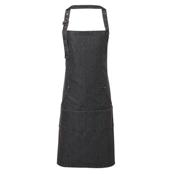 Jean Bib Apron in black with contrasting stitching, 4 pocket compartments and adjustable buckle on neckband