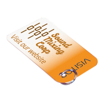 sunset orange coloured laminated plastic keyring with full colour visitor branding to the front