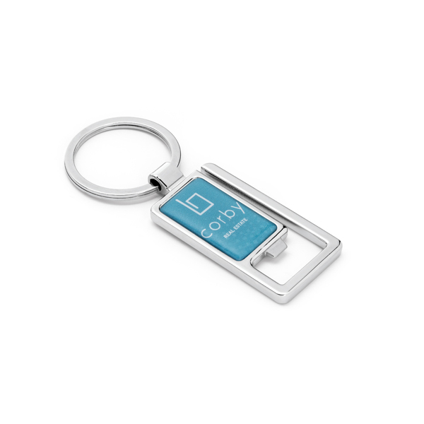blue rectangular keyring with a bottle opener to one end and keyring loop to the other