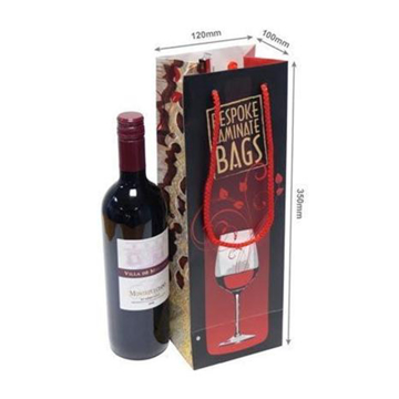 Laminated Bottle Bag with red rope handles and full colour print around bag