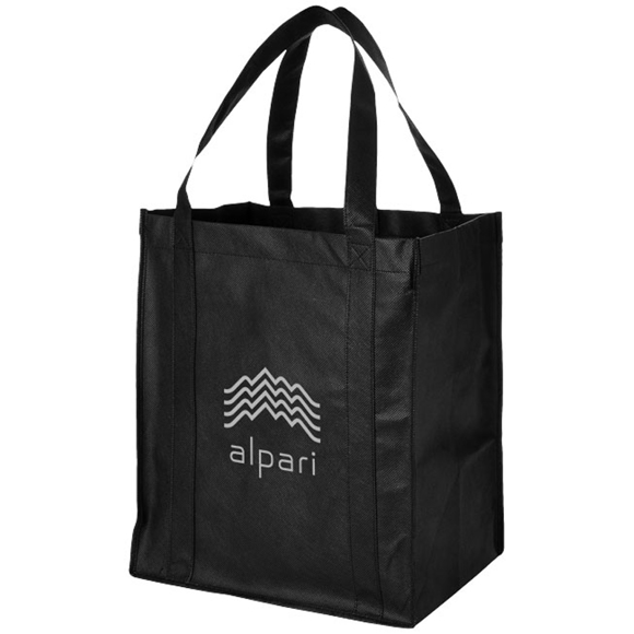 Large black reusable grocery bag with company logo printed on one side