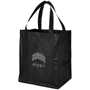 Large black reusable grocery bag with company logo printed on one side