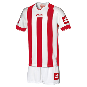 Lotto Vertigo Football short sleeve V neck Jersey with classic vertical striped design in red and white with red cuff and 1 colour print logo under V neck and on each sleeve