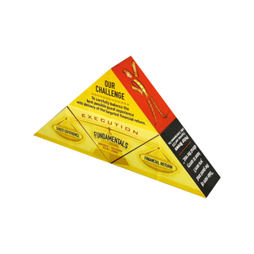 a triangle divided into three sections with detailed full colour branding to each side