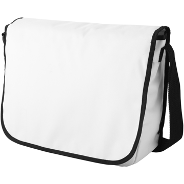 White flap over messenger bag with black piping and matching shoulder strap