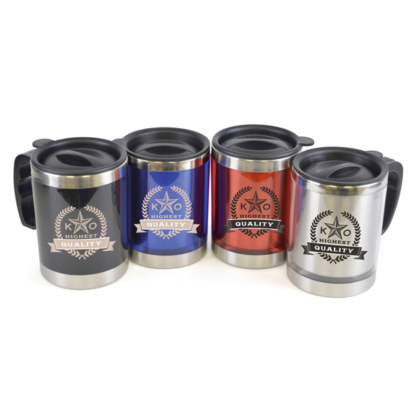 Matisse Travel Mug in black, blue, red and silver with 2 colour print logo