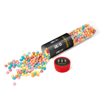 Large tube printed with a company logo and filled with multi colours millions chewy sweets