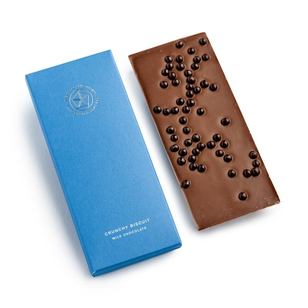 Chocolate bar with biscuit pieces in a luxury card box