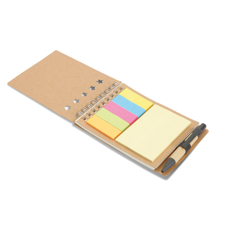 Recycled multibook Memo Pad in brown with wire binding, 5 sticky coloured tabs, 25 sheet memo pad and carton barrel ball pen and blue ink