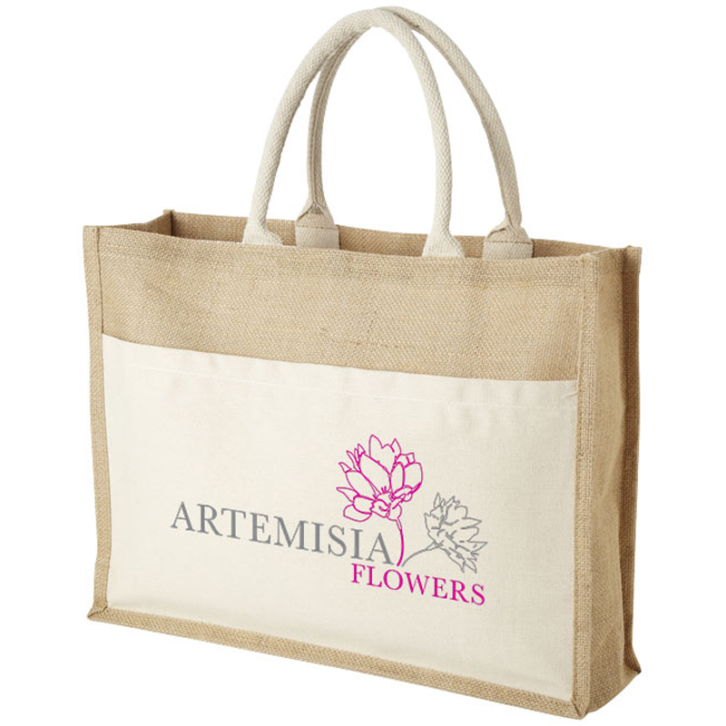 Jute landscape shopper bag with branding panel at the front