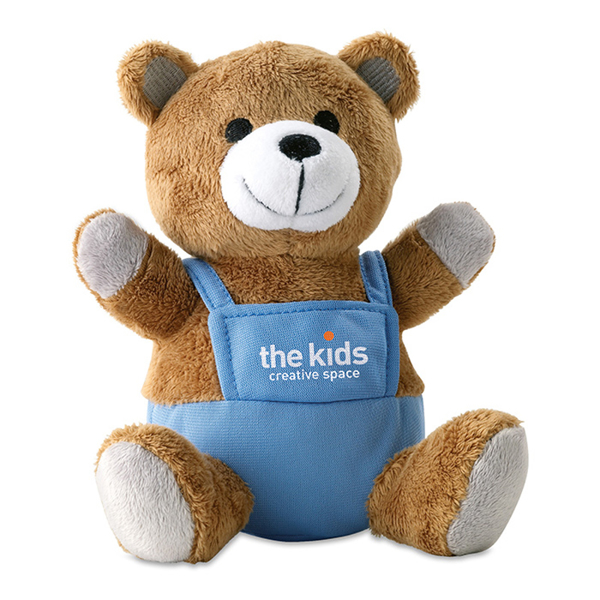 nico bear with blue dungarees and a 2 colour logo