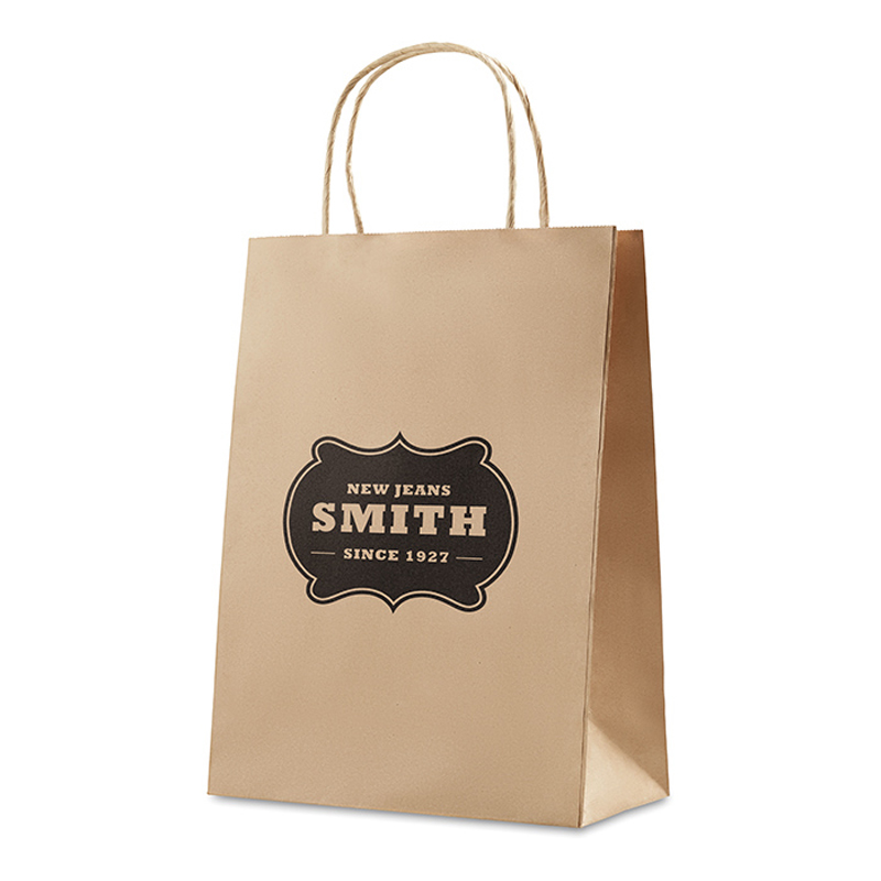 Medium size gift paper bag with rope handles in brown with 1 colour print logo