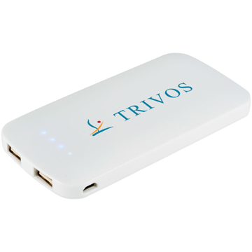 Large white power bank with a company logo printed
