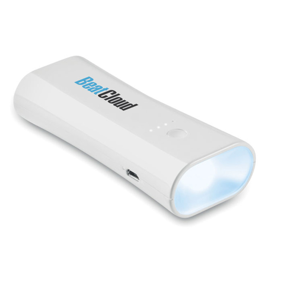 White power bank with built in torch and customer logo printed on the top