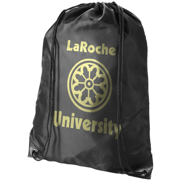 black premium nylon drawstring rucksack with 1 colour logo to front