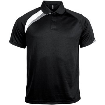 Proact Polo Shirt in black with white and grey contrast panels, collar and 2 buttons