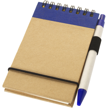 Recycled Jotter with wire binding, black elastic closure strap, blue coloured trim and colour match pen