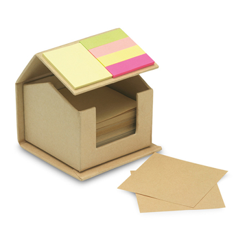 House shaped cardboard box in recycled material, containing 300 pages of recycled paper and colourful memo stickers on roof