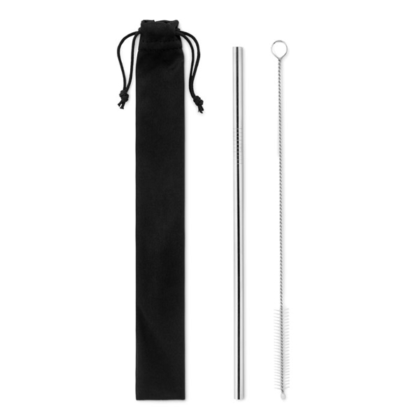 metal straw, cleaning brush and black drawstring pouch