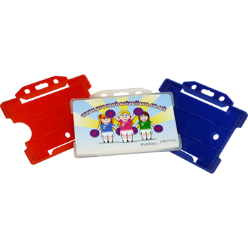 three rigid plastic card holders in red, white and blue
