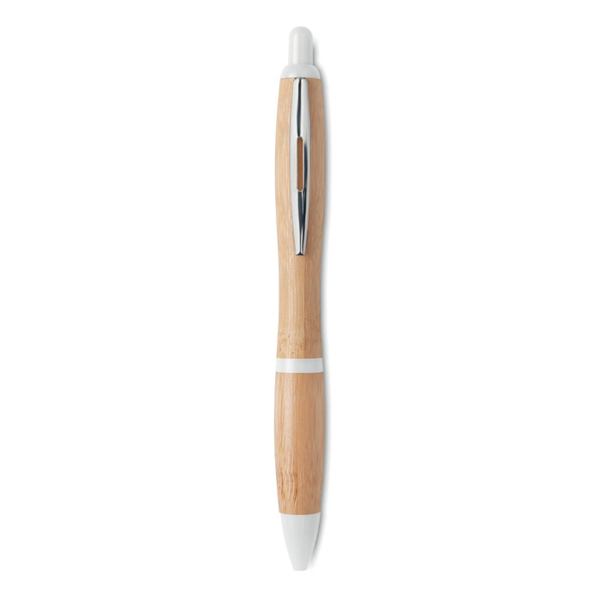 Bamboo ball pen with silver clip and white push button, nose cone and trim