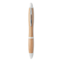 Bamboo ball pen with silver clip and white push button, nose cone and trim