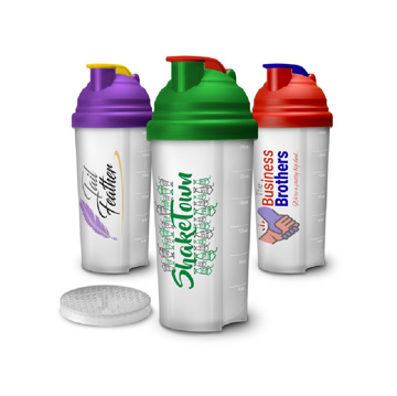 3 shaker bottles with different coloured lids and full colour branding