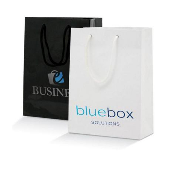 a white and a black small gloss laminate bag