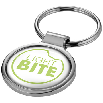 a silver small round key chain with a 1 colour branding to the front