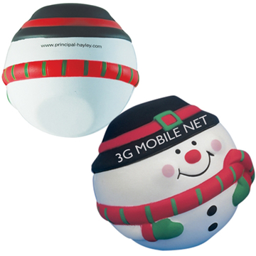 Stress ball in the style of a rounded snowman, printed with a logo to advertise a company