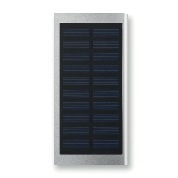 Solar powered portable charger with silver body trim