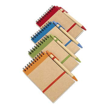 A6 sonora recycled notebook with wire binding and coloured trim with colour matching pens and coloured elastic closure strap and pen loop in orange, green, blue and red with recycled ball pen with biodegradable plastic parts