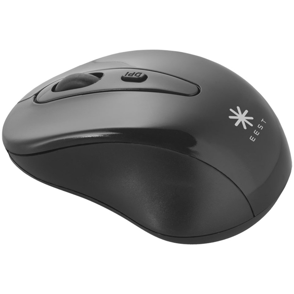 Black promotional wireless mouse with logo printed onto the body