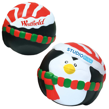 Stress ball in the style of a rounded penguin with a festive hat