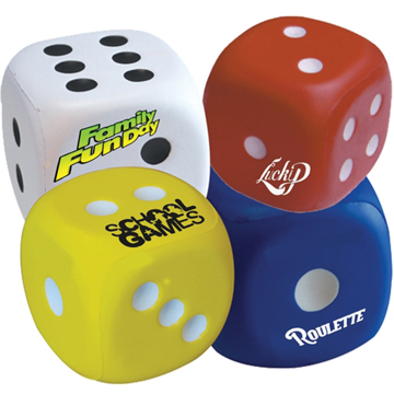 Stress toys in the style of numbered dice, in a range of colours